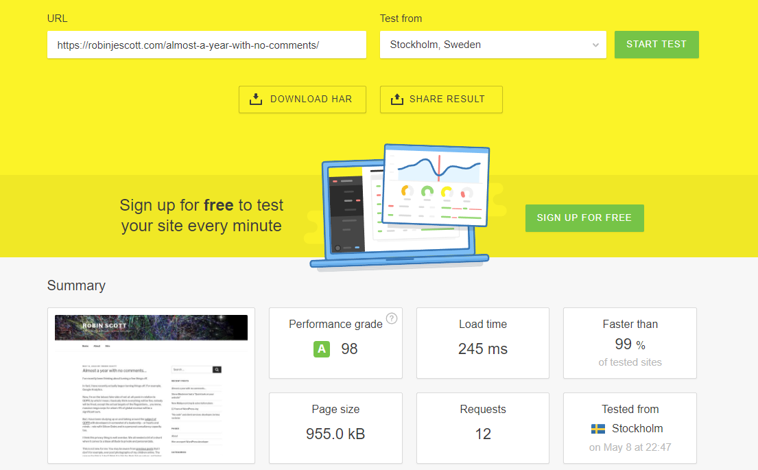Pingdom performance test results showing 245ms load time of this website